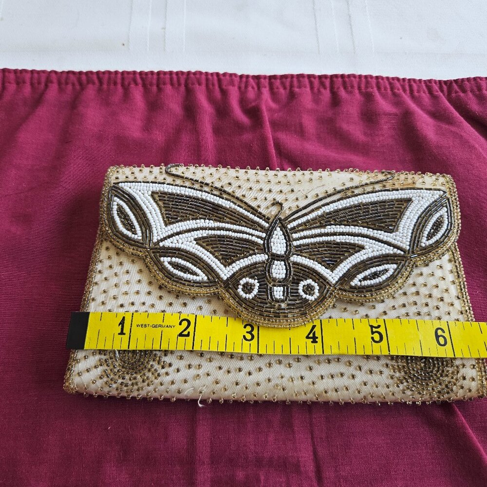 Vintage Women's clutch, white fabric with beads